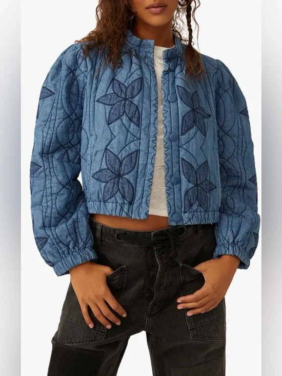 Free People Quinn Quilted Cotton Denim Floral Jacket NEW - Picture 1 of 4